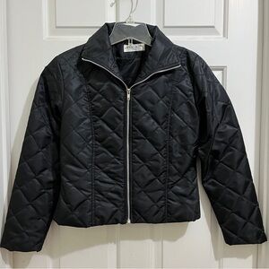 Women BLACK CROPPED NYLON JACKET size Small. Quilted full metal collared zip up